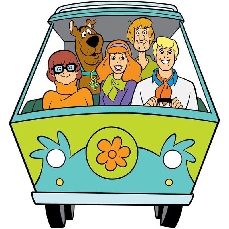 Colorful cartoon image of the Mystery Machine with Scooby Doo and friends inside, from Scooby Doo series, used for themed cookie decorations.