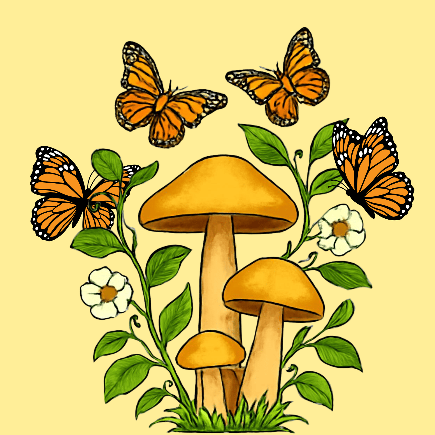 Colorful butterflies and mushrooms with green leaves and white flowers, perfect for a butterfly garden cake decoration.