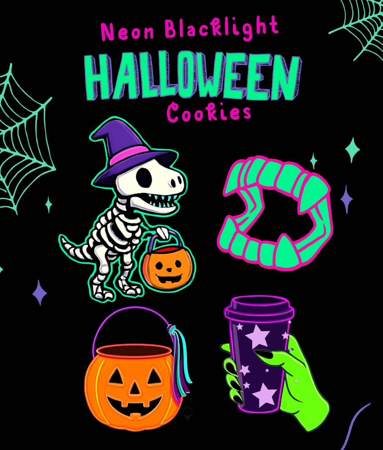 Colorful neon blacklight Halloween cookies with skeleton, pumpkin, and candy designs for spooky celebrations.