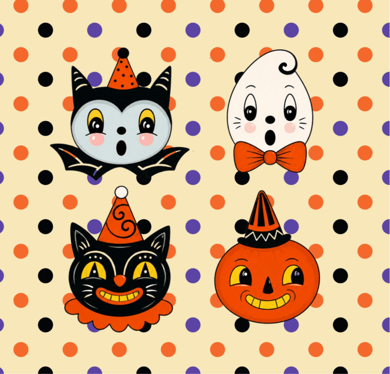 Vintage Halloween Cookies Set of four vintage Halloween cookies decorated as a cat, ghost, bat, and pumpkin with festive hats, on a polka dot background.