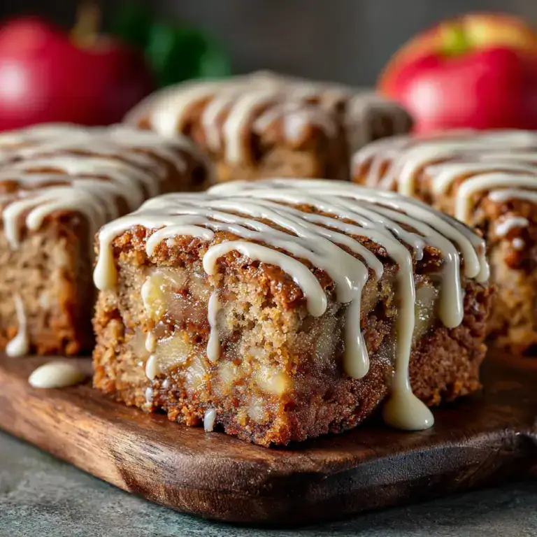 Apple Blondies with Cinnamon Glaze Close-up of apple blondies topped with white glaze, on a wooden board with apples in the background, perfect for cake decorating supplies.