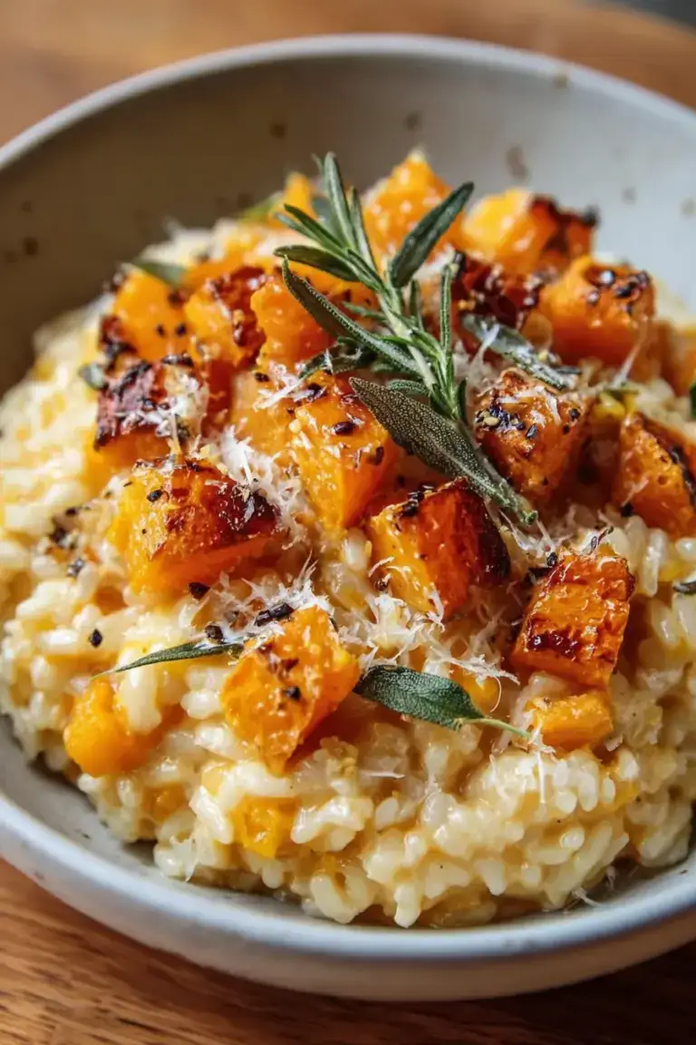 Butternut Squash Risotto with Roasted Pumpkin Creamy butternut squash risotto topped with roasted pumpkin cubes, fresh rosemary, and grated cheese, served in a white bowl.