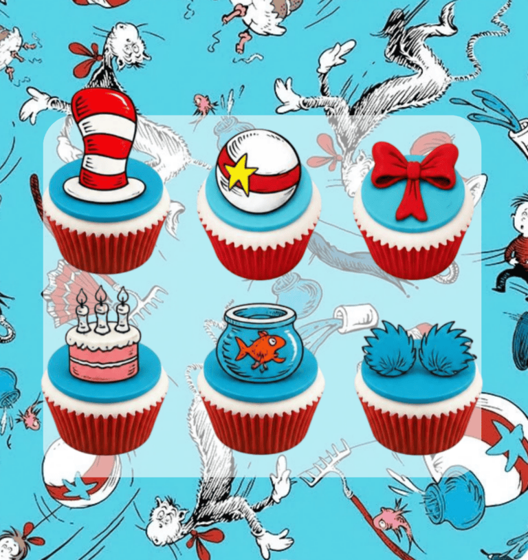Kids Camp Cat in the Hat Cupcakes Set of six colorful cupcakes inspired by Dr. Seuss's Cat in the Hat, featuring themed toppers like a striped hat, fish bowl, and bow tie, perfect for kids' birthday parties.
