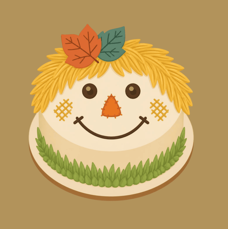 Cute Scarecrow Cake for Family Day Adorable scarecrow-themed cake with autumn leaves, a smiling face, and colorful decorations, perfect for Family Day celebrations.
