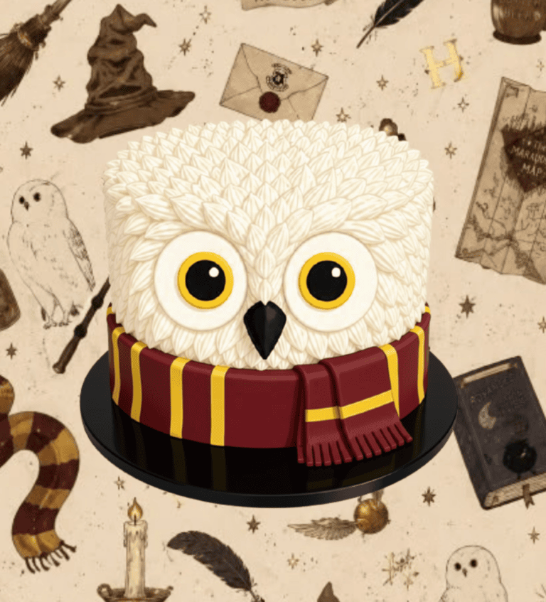 Decorative Hedwig owl cake inspired by Harry Potter, featuring detailed white frosting feathers, large yellow eyes, and a Gryffindor scarf, perfect for Harry Potter themed celebrations.