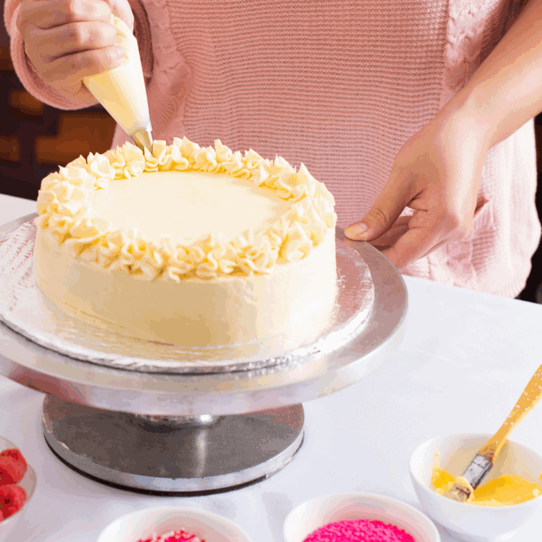 Delicious cake decorating with piping bag and frosting at Over the Top Cake Supplies, specializing in professional cake supplies, decorating tools, and edible decorations for bakers.