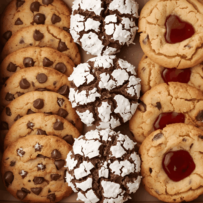 Rich chocolate chip cookies, chocolate crinkle cookies, and cherry-filled thumbprint cookies in a bakery box, showcasing a variety of delicious baked goods for cake decorating and dessert displays.