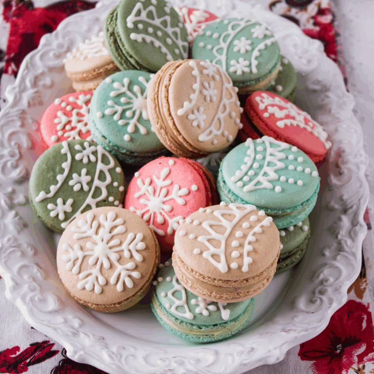 Colorful Christmas macarons decorated with white icing on a decorative white platter, ideal for holiday baking supplies and cake decorating.