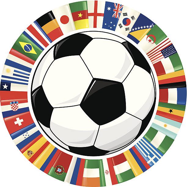 Soccer ball surrounded by a circle of flags from various countries, representing global soccer fans and international sports events.