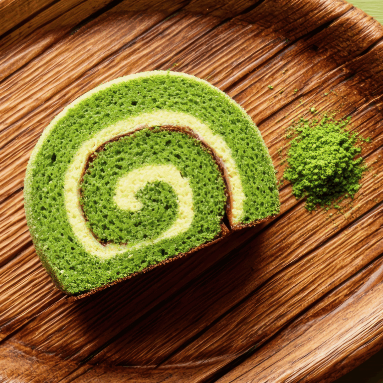 Vegan matcha and vanilla swirl cake roll on rustic wooden board, perfect for bakery supplies and cake decorating.